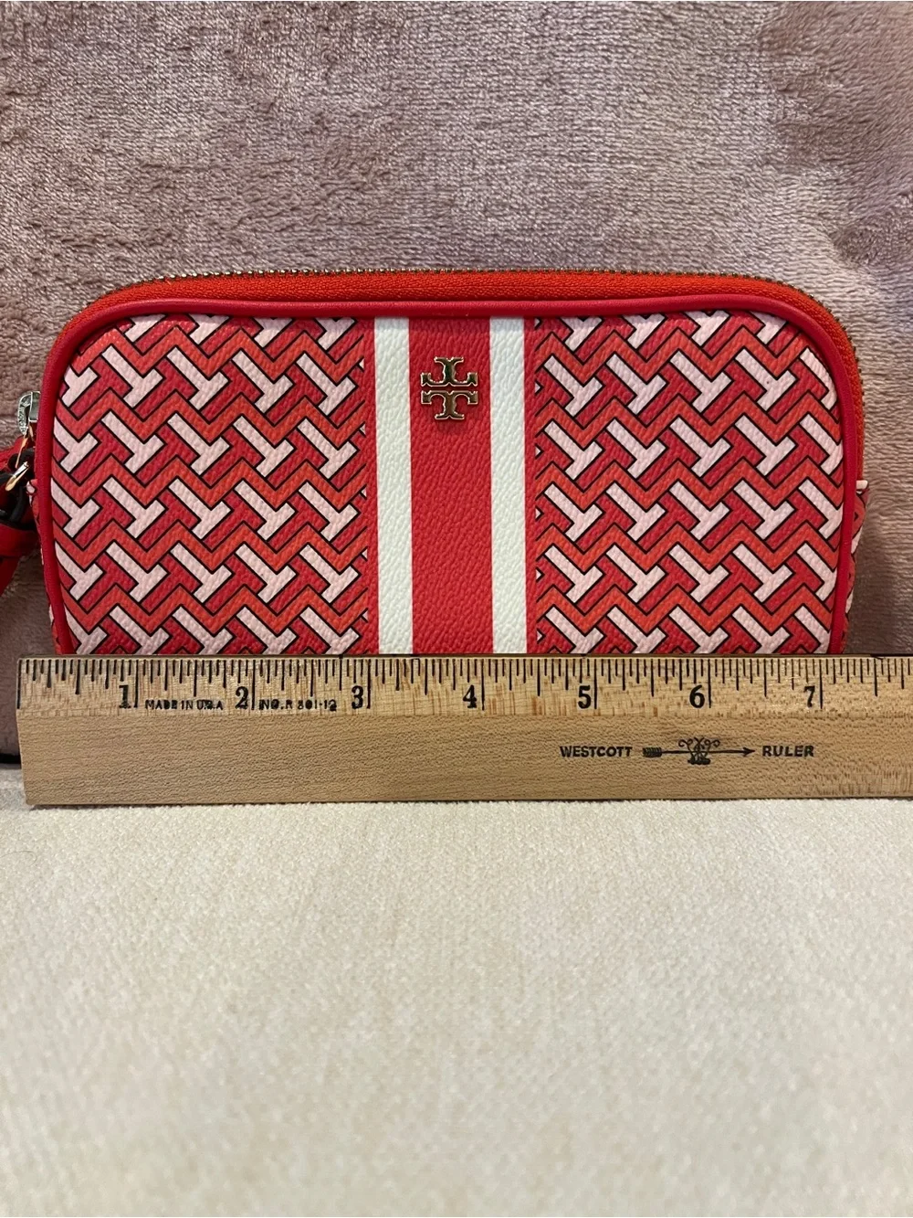 Tory Burch Redish orange and White Patterned wristlet